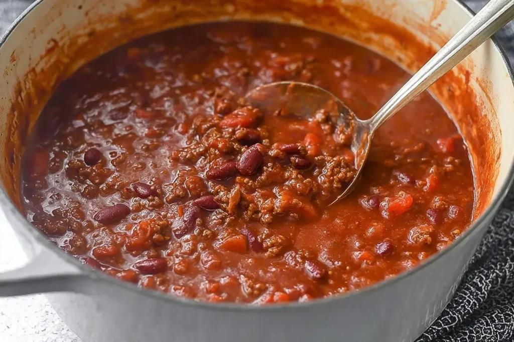 Pot of the Best Beef Chili simmering with tender beef, beans, and tomatoes, with a ladle lifting a hearty scoop.