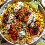 Street Corn Chicken and Rice Bowls with grilled chicken, charred corn, and creamy crema, topped with fresh cilantro and lime.