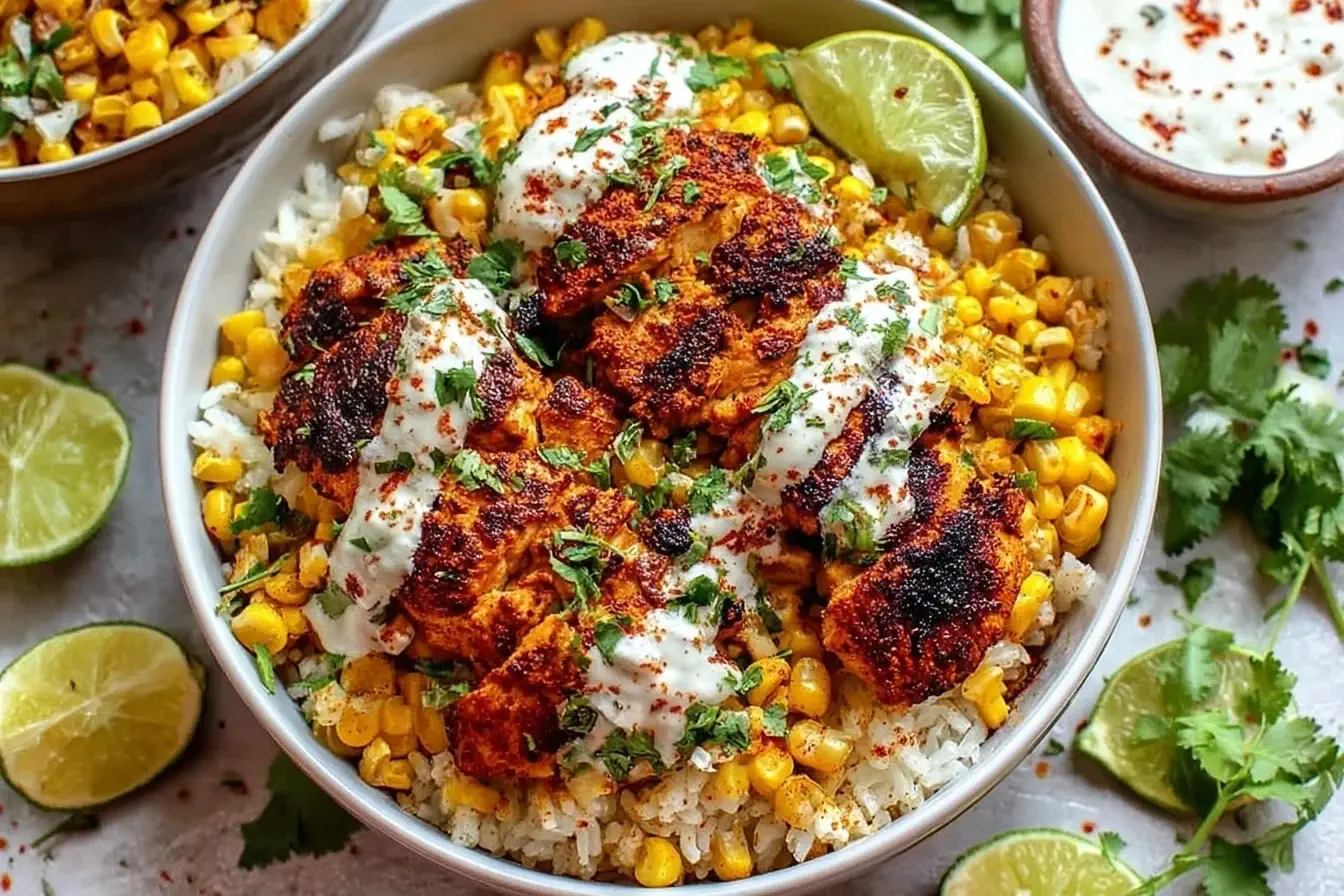 Street Corn Chicken and Rice Bowls with grilled chicken, charred corn, and creamy crema, topped with fresh cilantro and lime.