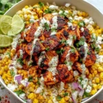 Street Corn Chicken and Rice Bowls with grilled chicken, charred corn, and creamy crema, garnished with fresh cilantro and lime.