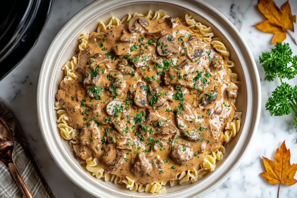 Creamy Crockpot Beef Stroganoff served over egg noodles, topped with parsley and tender mushrooms in a rich sour cream sauce.