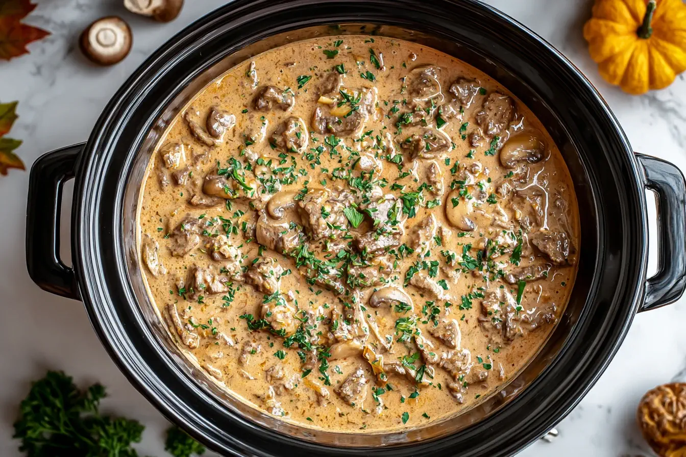 Creamy Crockpot Beef Stroganoff with tender beef, mushrooms, and rich sour cream sauce topped with fresh parsley in a slow cooker.