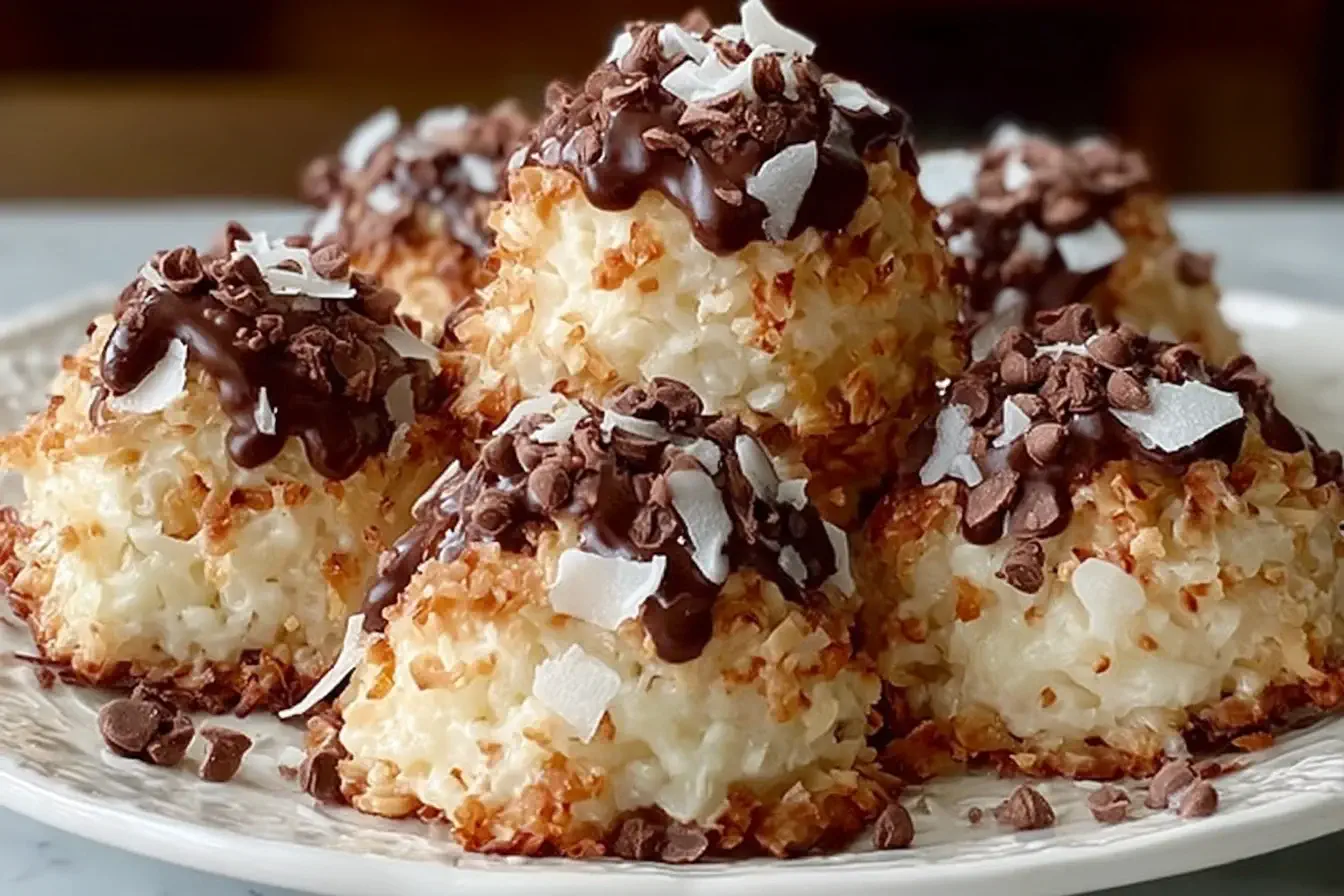 Plate of Easy No-Bake Moose Farts topped with chocolate drizzle, mini chocolate chips, and toasted coconut flakes.
