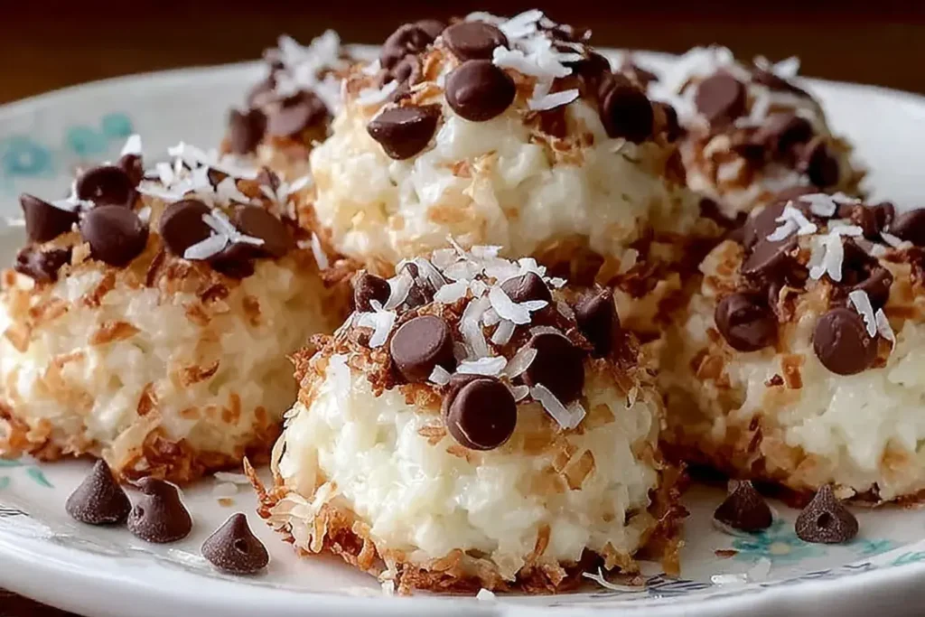 Close-up of Easy No-Bake Moose Farts topped with toasted coconut and chocolate chips on a plate.