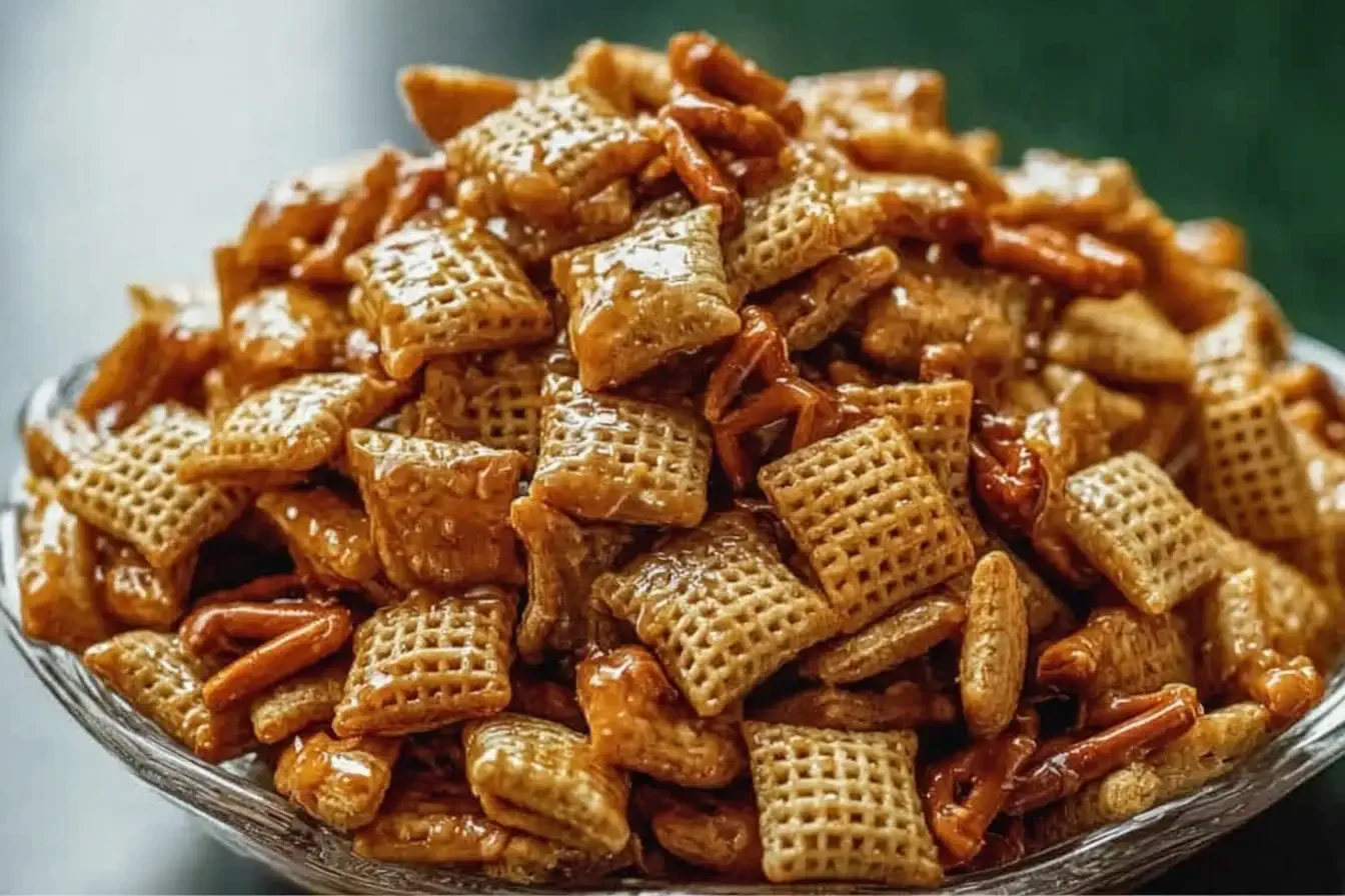 Addicting Toffee Chex Mix piled in a bowl with golden caramel coating and crunchy cereal pieces.