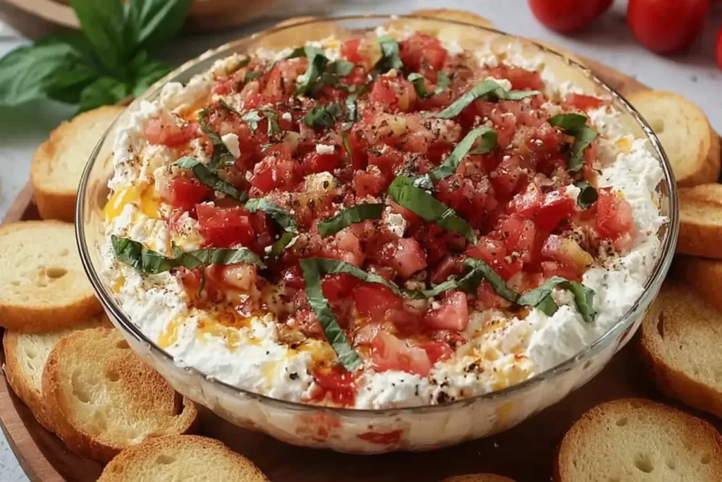 Creamy Bruschetta Dip topped with diced tomatoes, basil, and balsamic drizzle, served with toasted baguette slices.