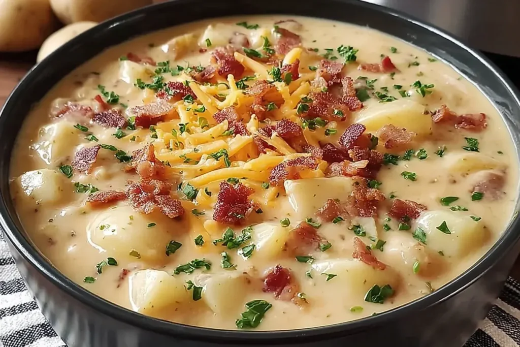 Creamy Crock Pot Crack Potato Soup in a bowl topped with cheddar cheese, crispy bacon, and fresh parsley.