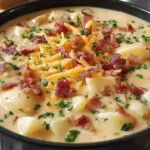 Creamy Crock Pot Crack Potato Soup in a bowl topped with cheddar cheese, crispy bacon, and fresh parsley.