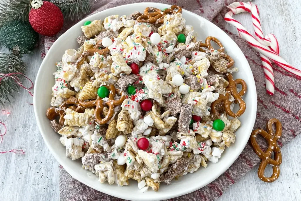 Bowl of Gluten Free Reindeer Chow filled with coated Chex cereal, pretzels, popcorn, candies, and festive sprinkles on a holiday table.