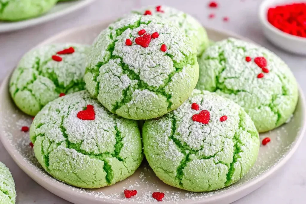 Grinch cookies dusted with powdered sugar and topped with red heart sprinkles on a holiday dessert plate.