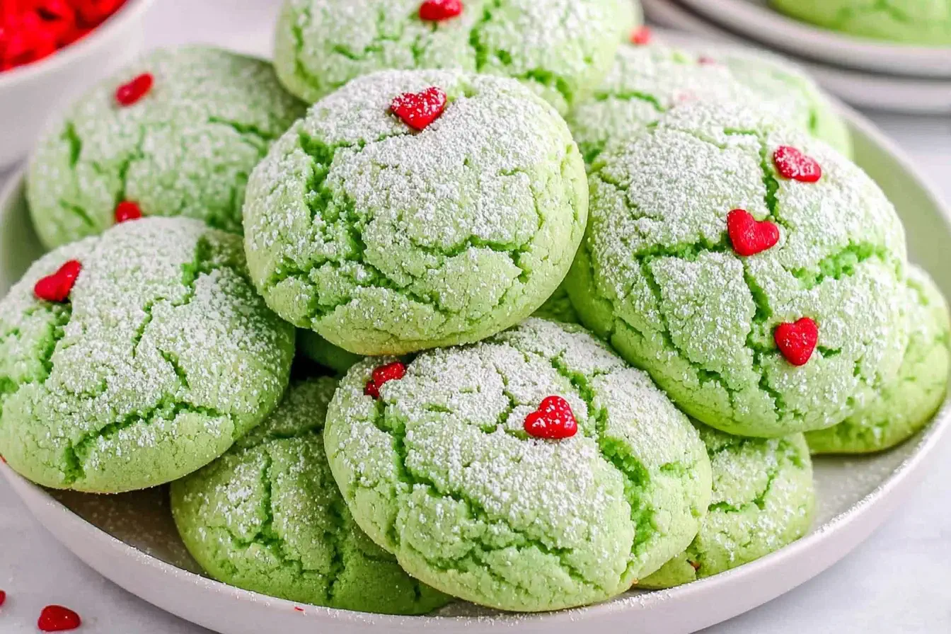 Grinch Cookies topped with powdered sugar and red heart sprinkles arranged on a plate for a festive holiday dessert.