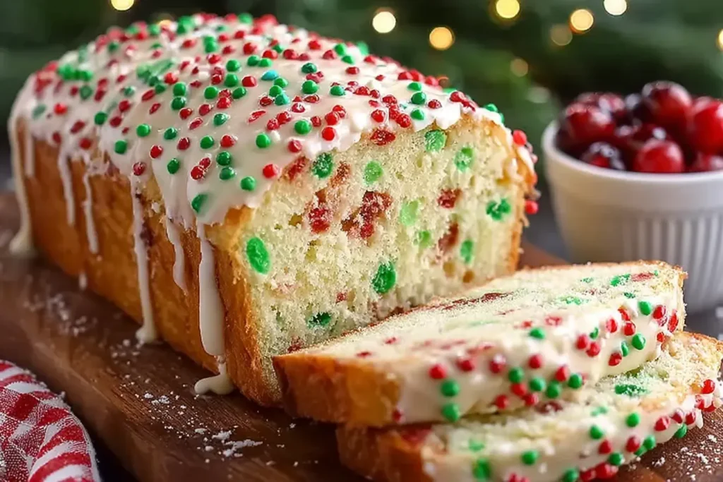 Moist Christmas Sprinkle Buttermilk Bread loaf topped with vanilla glaze and red and green sprinkles, sliced on a wooden board for serving.