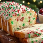 Moist Christmas Sprinkle Buttermilk Bread loaf topped with vanilla glaze and red and green sprinkles, sliced on a wooden board for serving.