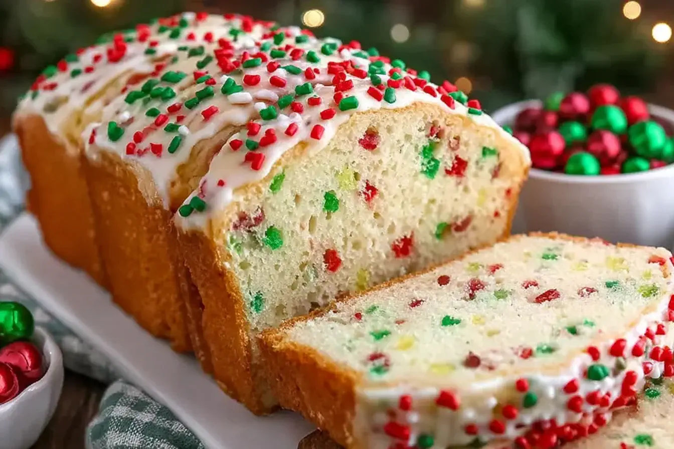 Freshly baked Christmas Sprinkle Buttermilk Bread topped with festive red and green sprinkles and sweet vanilla glaze on a white platter.