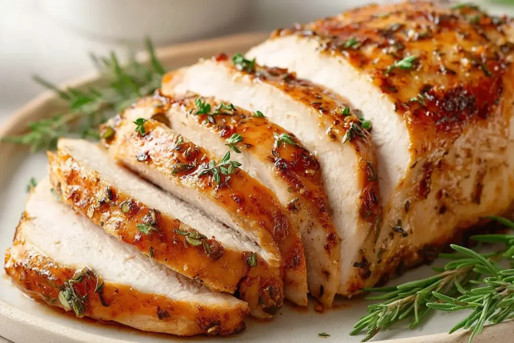 Sliced Butterball Turkey Breast Roast Crock Pot served with fresh herbs and golden, juicy seasoning.
