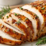 Sliced Butterball Turkey Breast Roast Crock Pot served with fresh herbs and golden, juicy seasoning.