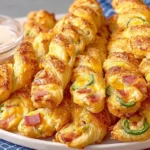 Crispy golden Jalapeno Popper Twists filled with creamy cheese, jalapenos, and bacon on a white plate with dipping sauce.