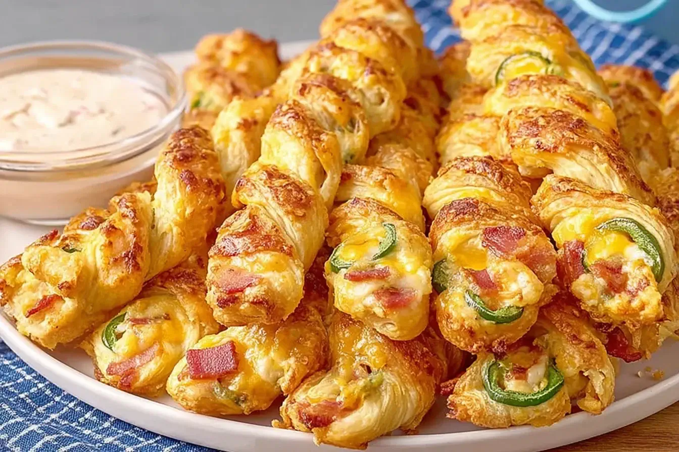 Crispy golden Jalapeno Popper Twists filled with creamy cheese, jalapenos, and bacon on a white plate with dipping sauce.