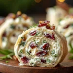 Savory Christmas Cranberry Roll Ups filled with cream cheese, feta, cranberries, and chives on a wooden board, perfect for festive holiday appetizers.