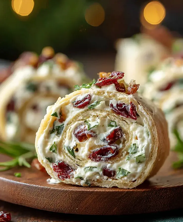 Savory Christmas Cranberry Roll Ups filled with cream cheese, feta, cranberries, and chives on a wooden board, perfect for festive holiday appetizers.