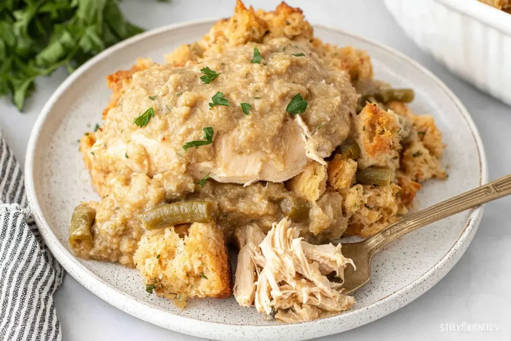 Plate of Crockpot Chicken and Stuffing with tender shredded chicken, creamy gravy, and golden stuffing cubes.