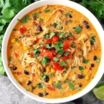 Bowl of Slow Cooker Creamy Southwest Chicken Soup topped with fresh cilantro, tomatoes, black beans, and corn.