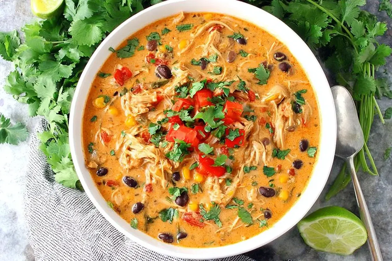 Bowl of Slow Cooker Creamy Southwest Chicken Soup topped with fresh cilantro, tomatoes, black beans, and corn.