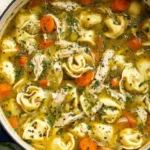 Chicken Tortellini Soup with tender shredded chicken, cheese tortellini, carrots, and herbs simmering in a cozy golden broth.