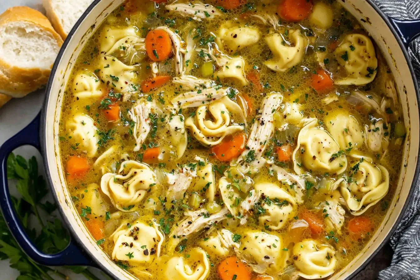 Chicken Tortellini Soup with tender shredded chicken, cheese tortellini, carrots, and herbs simmering in a cozy golden broth.