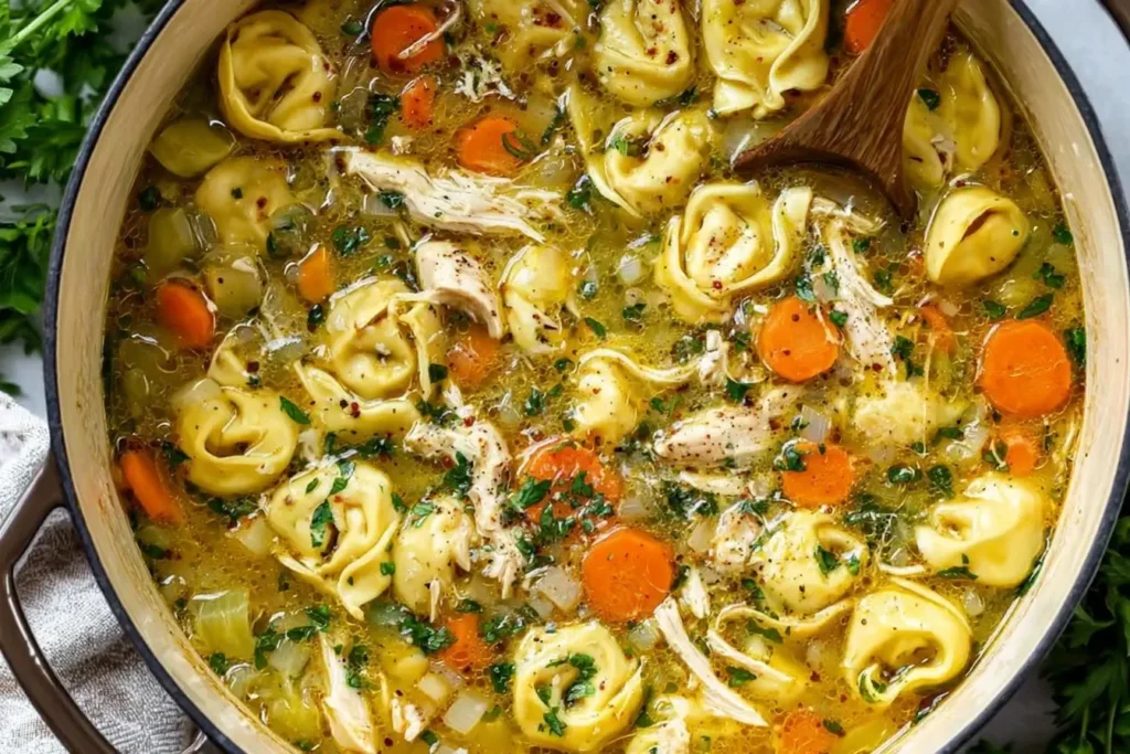 Chicken Tortellini Soup simmering with cheese tortellini, shredded chicken, carrots, and fresh herbs in a rich golden broth.
