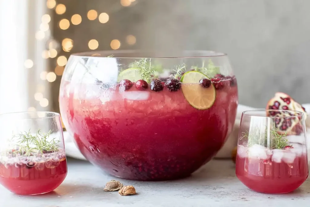 Refreshing Non Alcoholic Christmas Punch with lime, cranberries, and ice served in a festive glass bowl and holiday glasses.