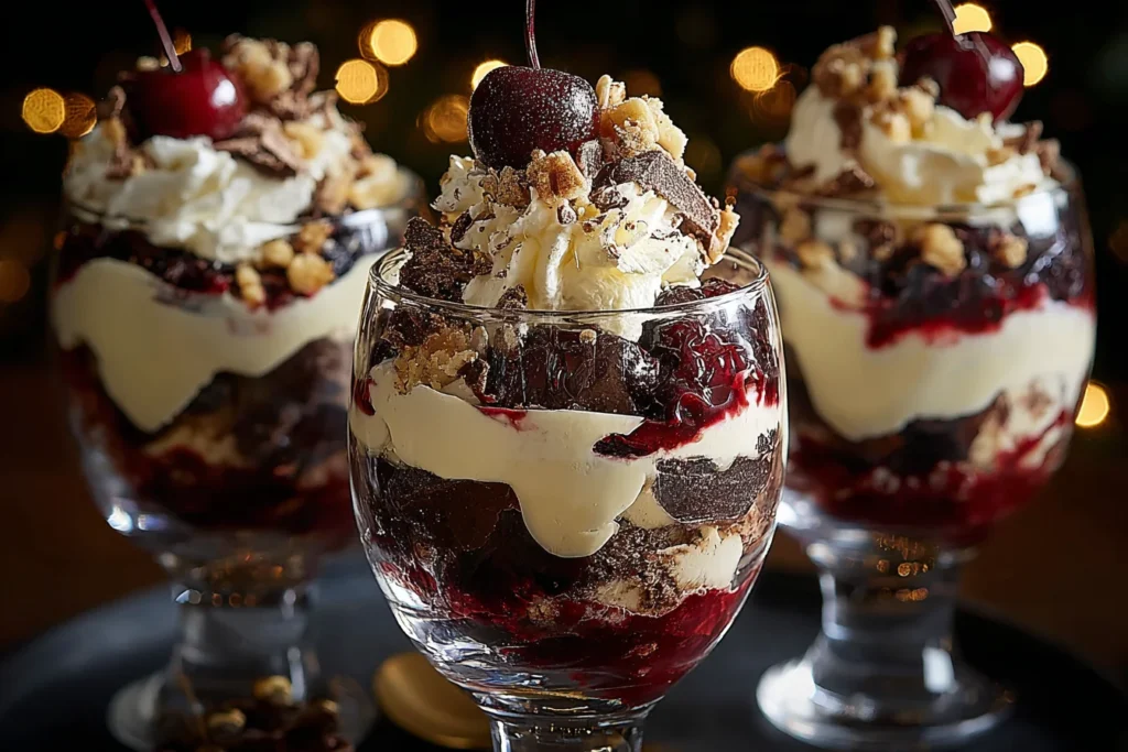 Individual servings of Black Forest Trifle for Christmas with layers of chocolate cake, whipped cream, and cherries in elegant glass cups.