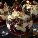 Black Forest Trifle for Christmas layered with chocolate cake, cherries, and whipped cream in a festive glass dessert.