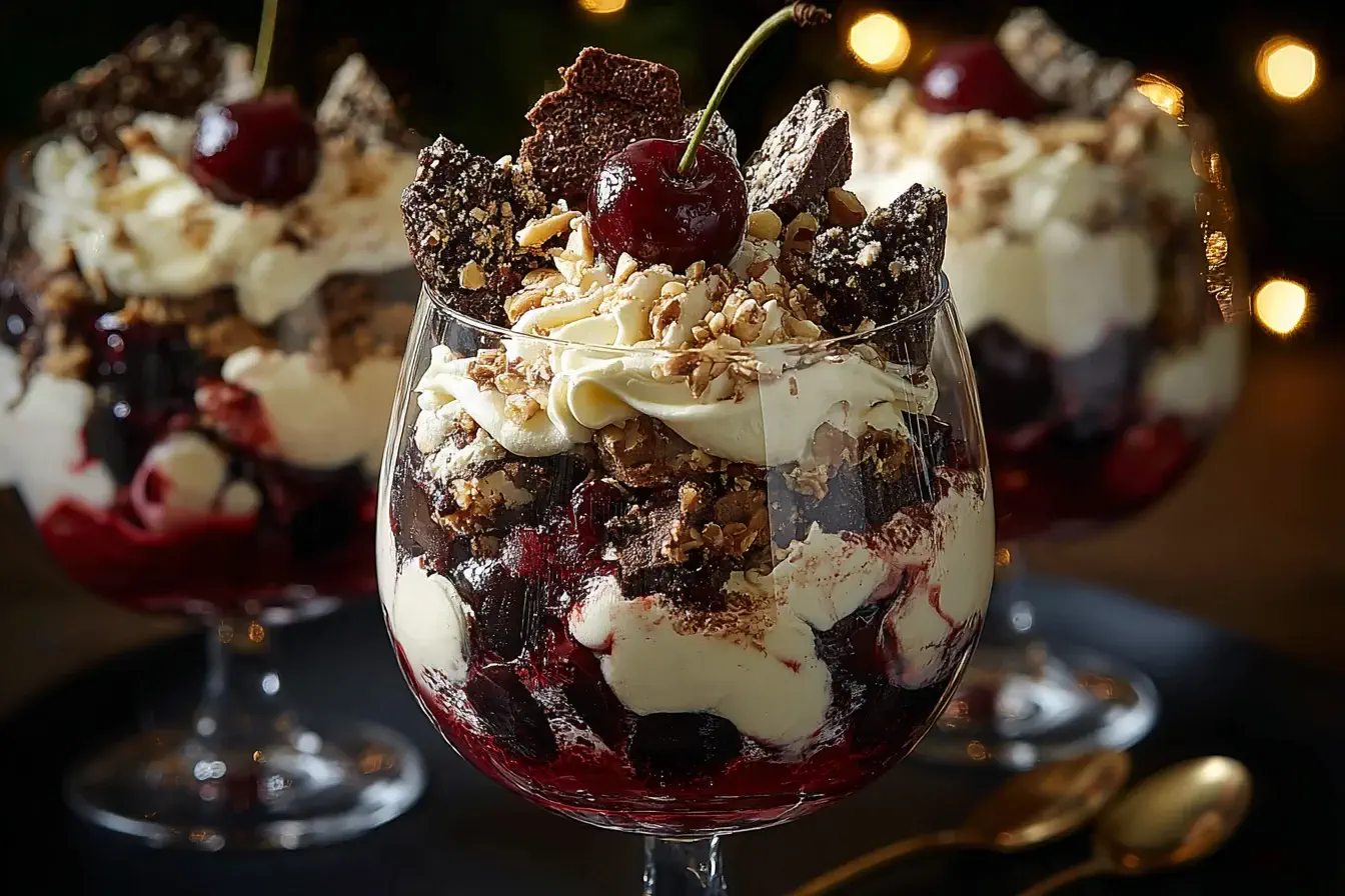 Black Forest Trifle for Christmas layered with chocolate cake, cherries, and whipped cream in a festive glass dessert.