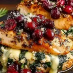 Cranberry and Spinach Stuffed Chicken with Brie bursting with melted cheese, sautéed spinach, and topped with juicy cranberries on a dinner plate.