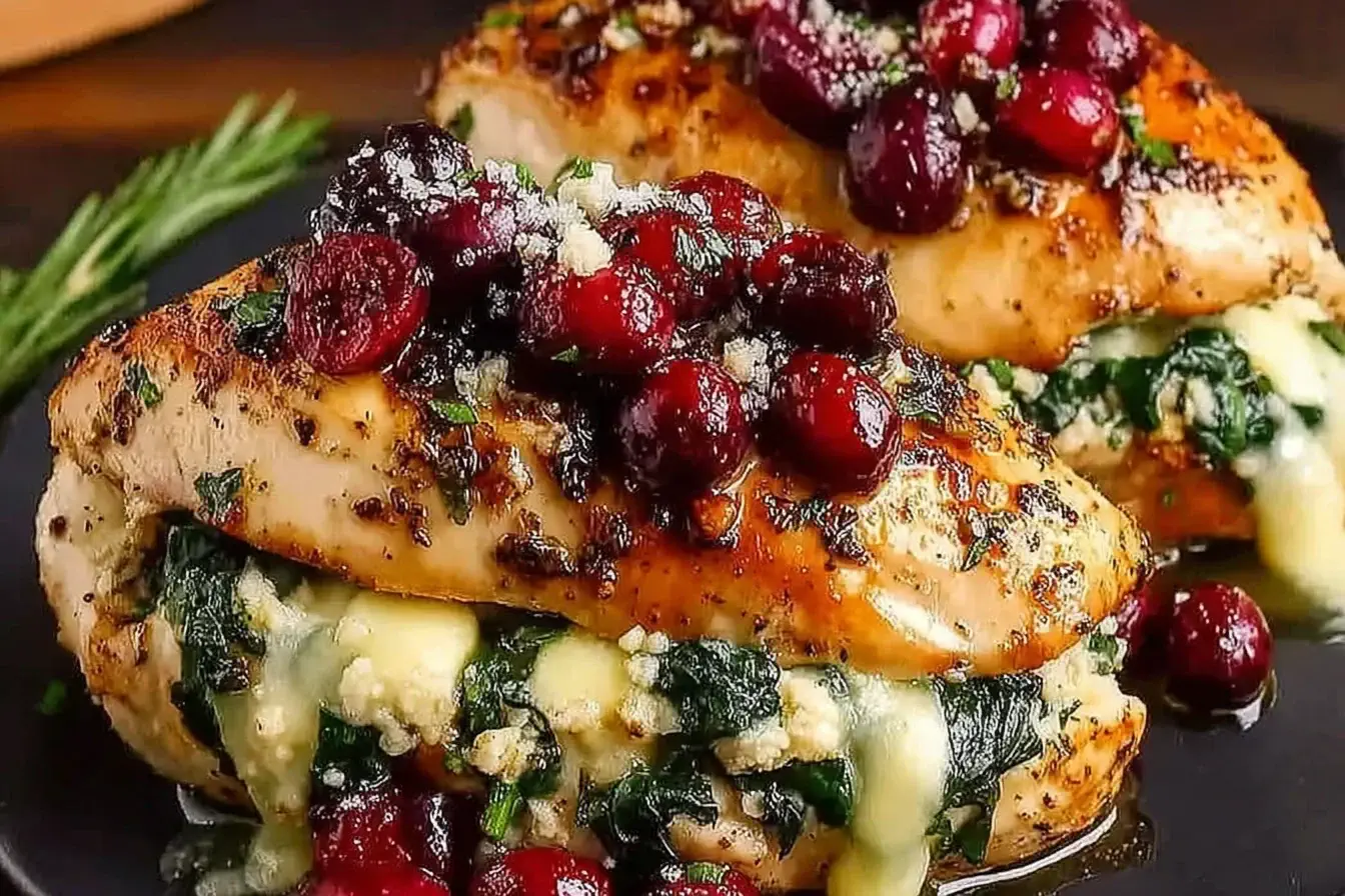Cranberry and Spinach Stuffed Chicken with Brie bursting with melted cheese, sautéed spinach, and topped with juicy cranberries on a dinner plate.