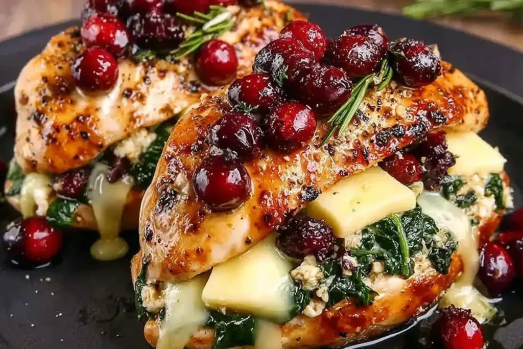 Cranberry and Spinach Stuffed Chicken with Brie topped with glossy cranberries and fresh rosemary, with creamy Brie melting from the center.