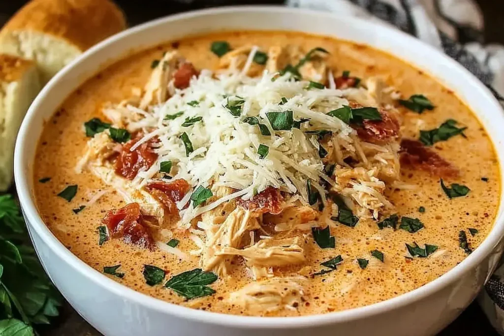 Creamy Crockpot Chicken Parmesan Soup topped with shredded Parmesan and fresh parsley in a white bowl.