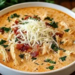 Creamy Crockpot Chicken Parmesan Soup topped with shredded Parmesan, tomatoes, and fresh herbs in a white bowl.
