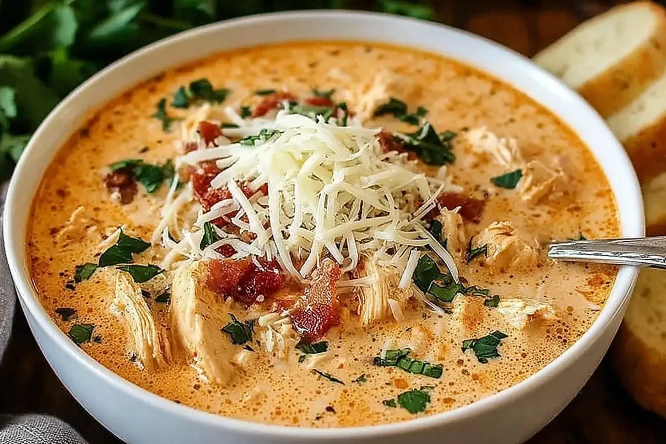 Creamy Crockpot Chicken Parmesan Soup topped with shredded Parmesan, tomatoes, and fresh herbs in a white bowl.