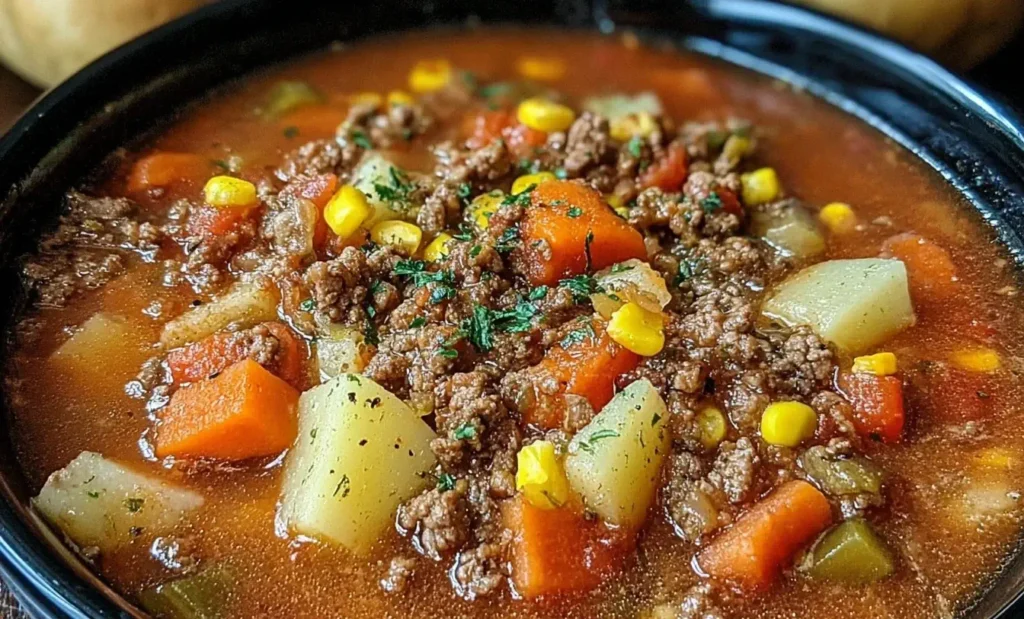 Hearty Crock Pot Hamburger Soup filled with ground beef, potatoes, carrots, corn, and vegetables in a rich tomato broth.