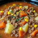 Hearty Crock Pot Hamburger Soup filled with ground beef, potatoes, carrots, corn, and vegetables in a rich tomato broth.