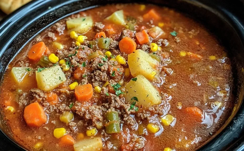 Crock Pot Hamburger Soup simmering with ground beef, potatoes, carrots, corn, and vegetables in a rich, hearty broth.
