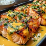 Grilled Bang Bang Salmon fillets topped with creamy sauce and fresh chopped green onions on a serving tray.