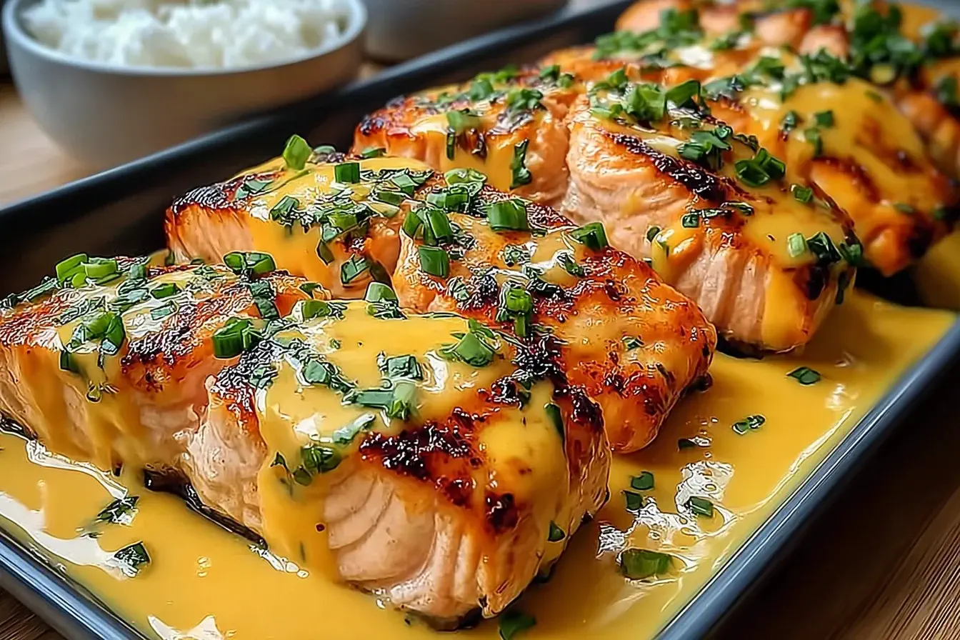 Grilled Bang Bang Salmon fillets topped with creamy sauce and fresh chopped green onions on a serving tray.