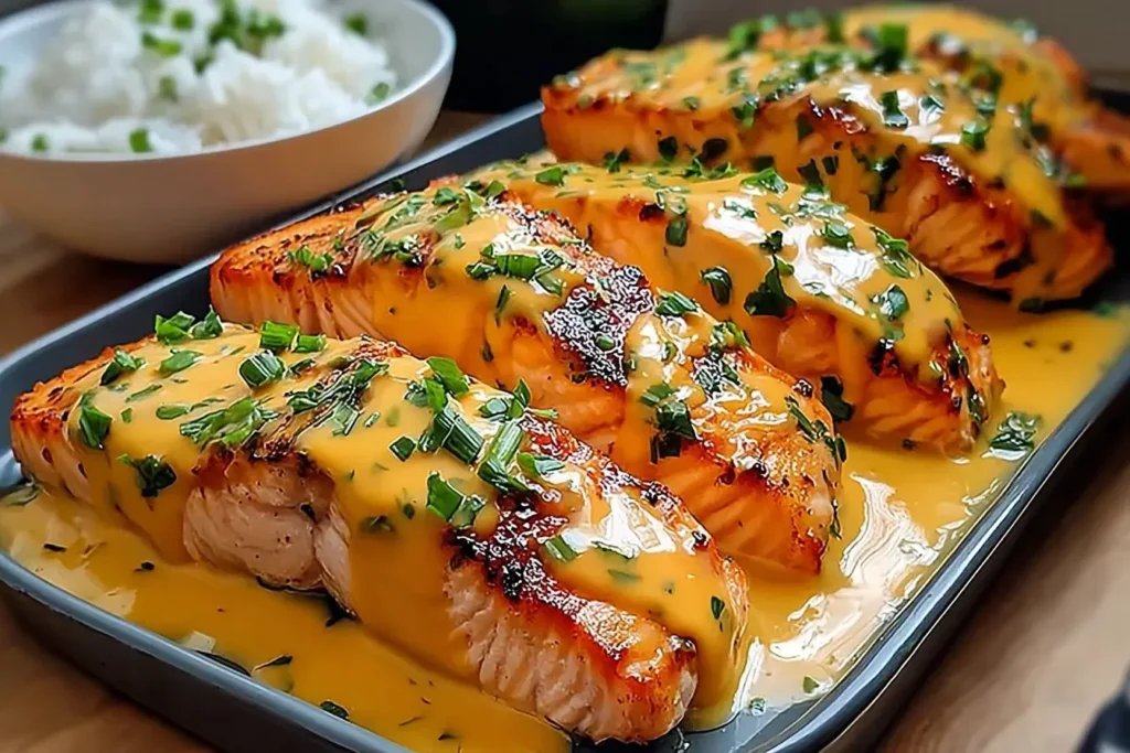 Bang Bang Salmon fillets topped with creamy golden sauce and fresh herbs, served on a tray with rice in the background.