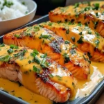 Bang Bang Salmon fillets topped with creamy golden sauce and fresh herbs, served on a tray with rice in the background.