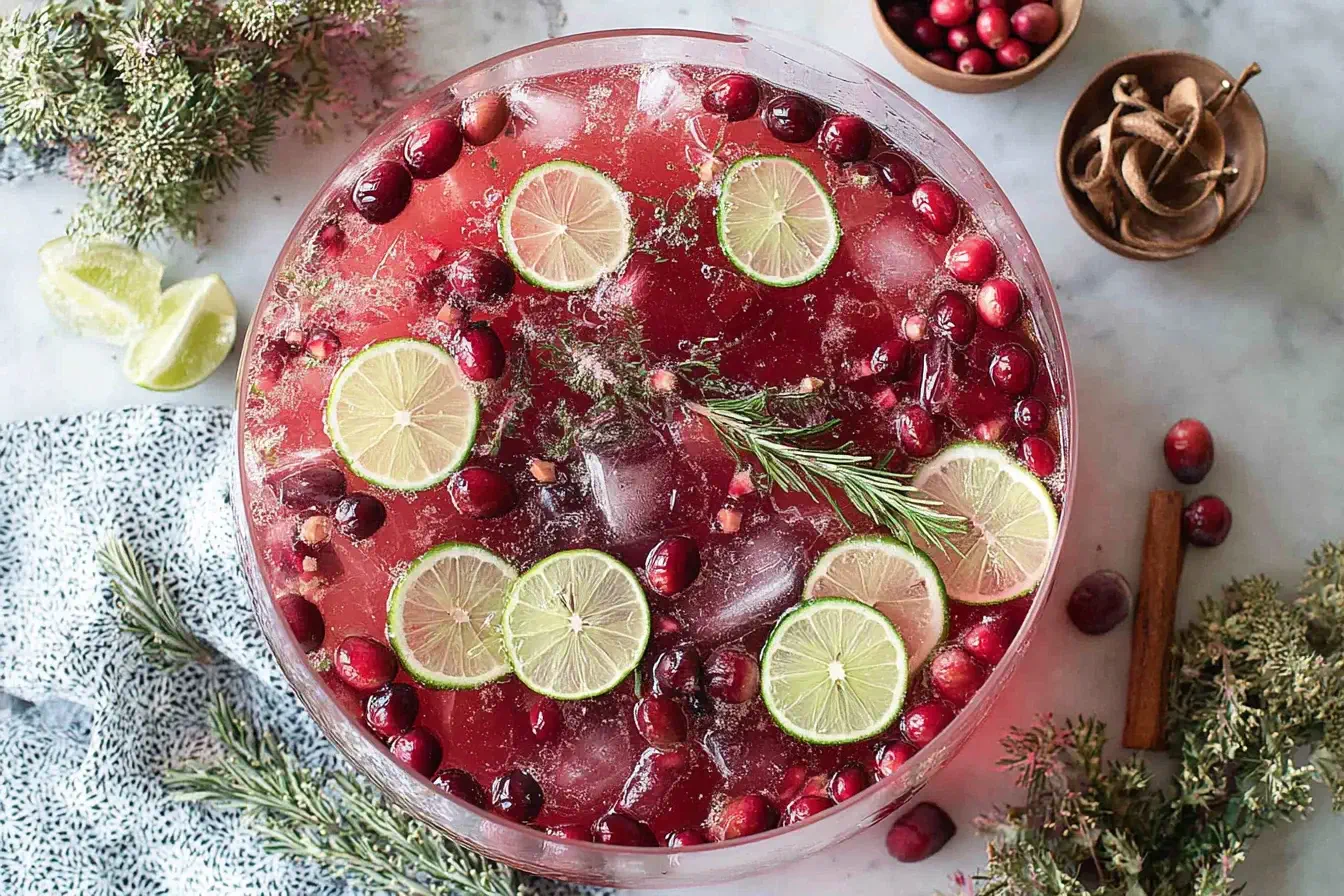 Festive Non Alcoholic Christmas Punch with cranberries, lime slices, rosemary, and ice in a glass bowl for holiday celebrations.