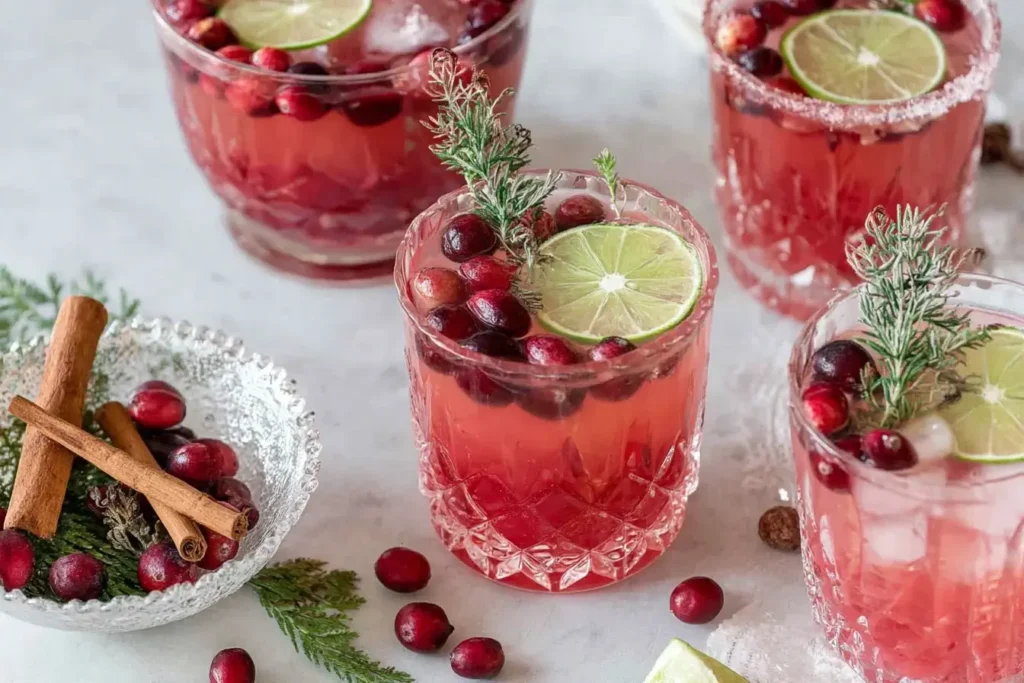 Glasses of Non Alcoholic Christmas Punch garnished with lime slices, cranberries, and rosemary for a festive holiday drink.