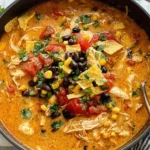 Creamy Chicken Tortilla Soup simmering in a pot with shredded chicken, black beans, corn, tomatoes, cilantro, and crispy tortilla pieces